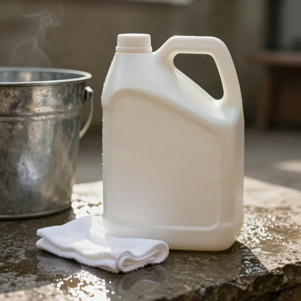 Tanica detergente, secchio zincato, panno in microfibra e pietra bagnata in luce morbida.