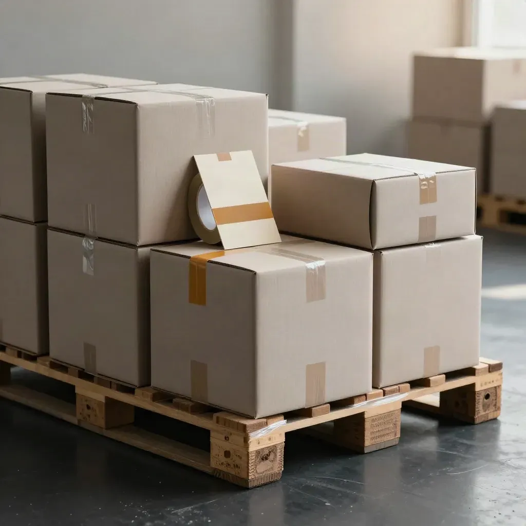 Scatole neutre su pallet basso, luce drammatica, dettagli di stock misti per rivenditori.