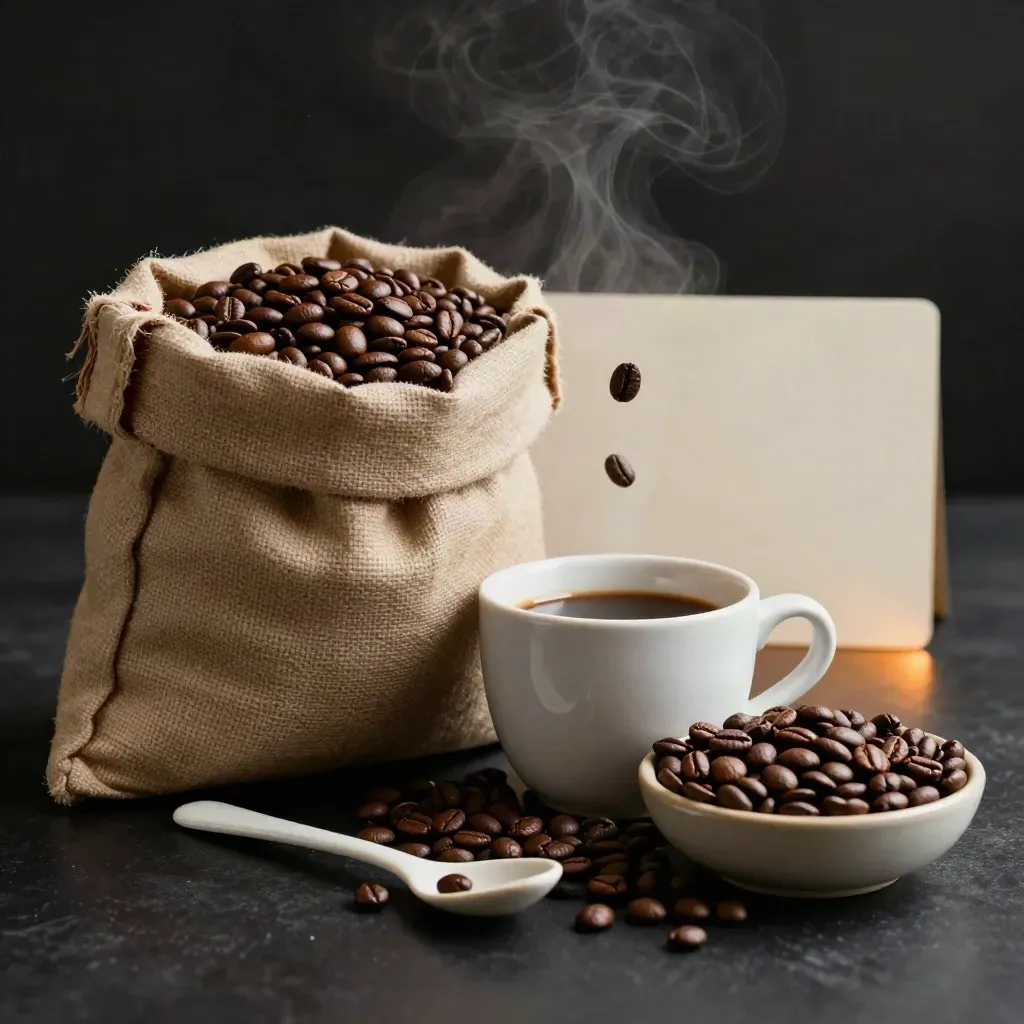 Sacco neutro di caffè, tazza grezza, cucchiaino e chicchi sospesi su fondo nero