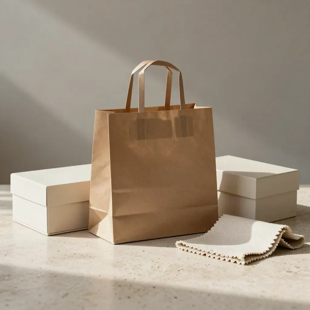 Shopper in carta kraft con scatole neutre e campione di tessuto su travertino