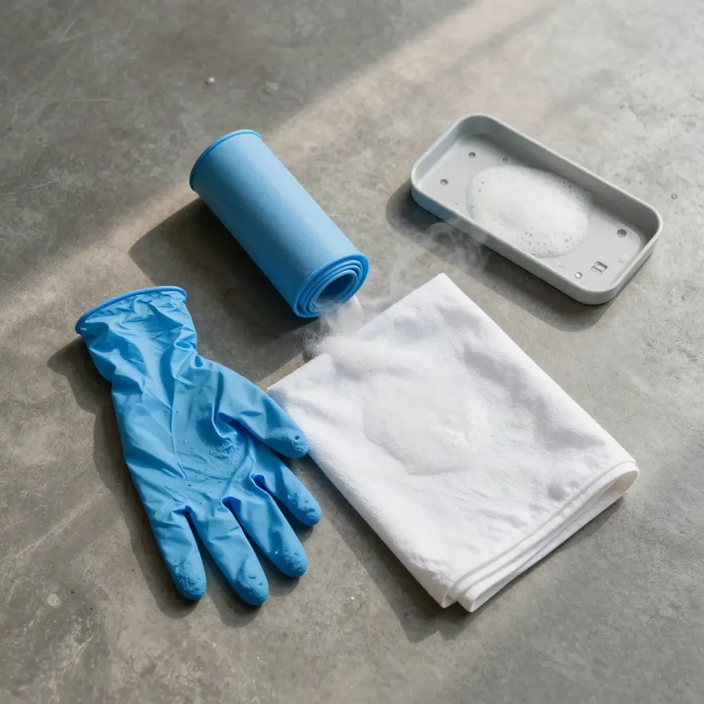Guanti in nitrile blu con panno bianco e spruzzo di sapone su lastra di cemento dall’alto.