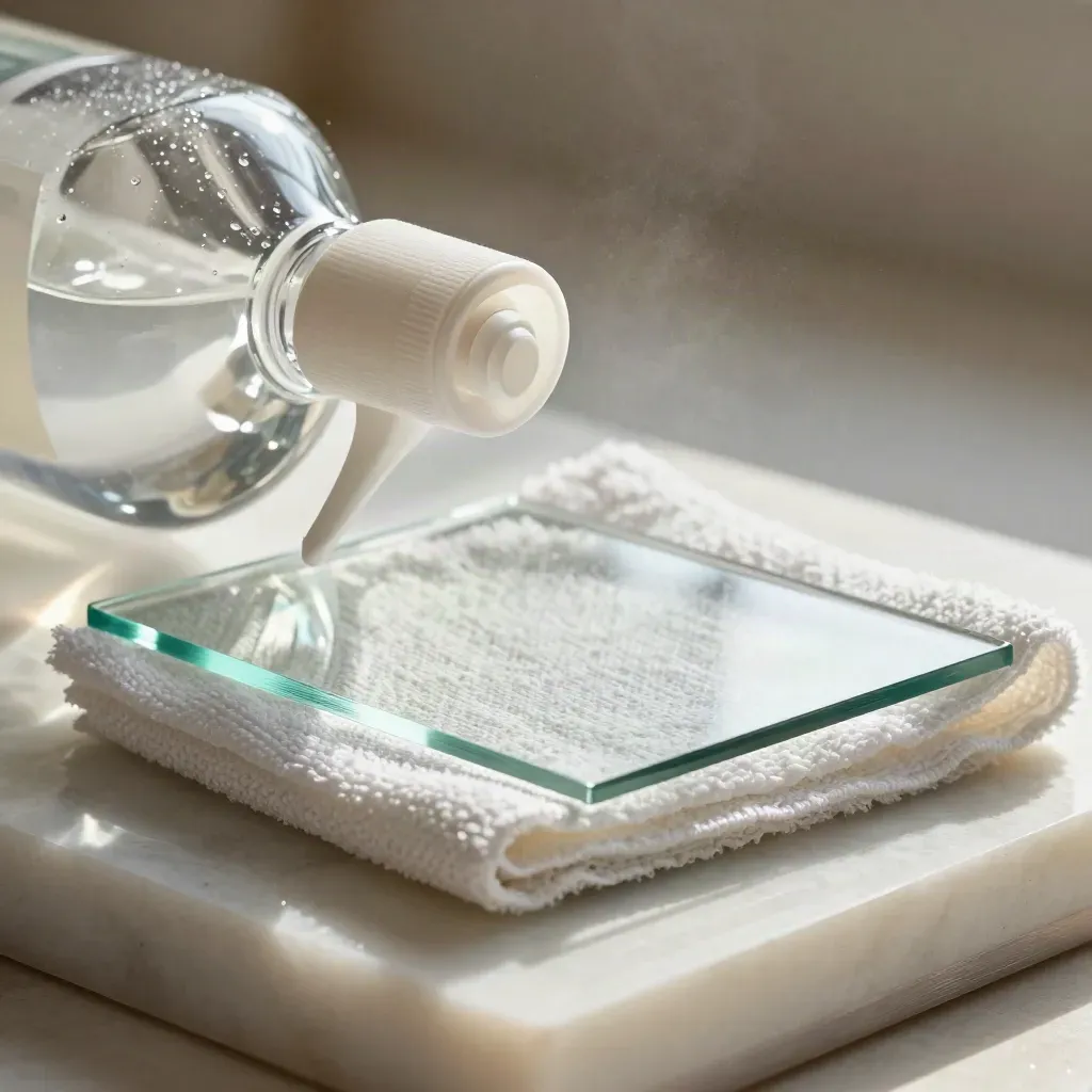 Flacone trasparente per vetri con panno in microfibra e lastre di vetro, luce radente e condensa lieve