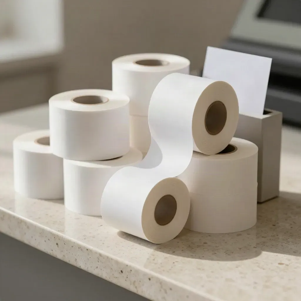 Rotoli di carta termica POS bianchi su travertino, uno srotolato in curva fluida.