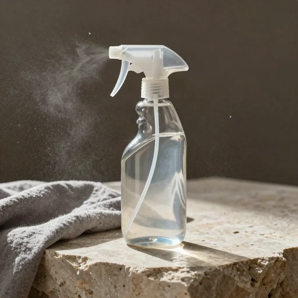 Bottiglia spray trasparente su pietra chiara, panno grigio e nebulizzazione sospesa.