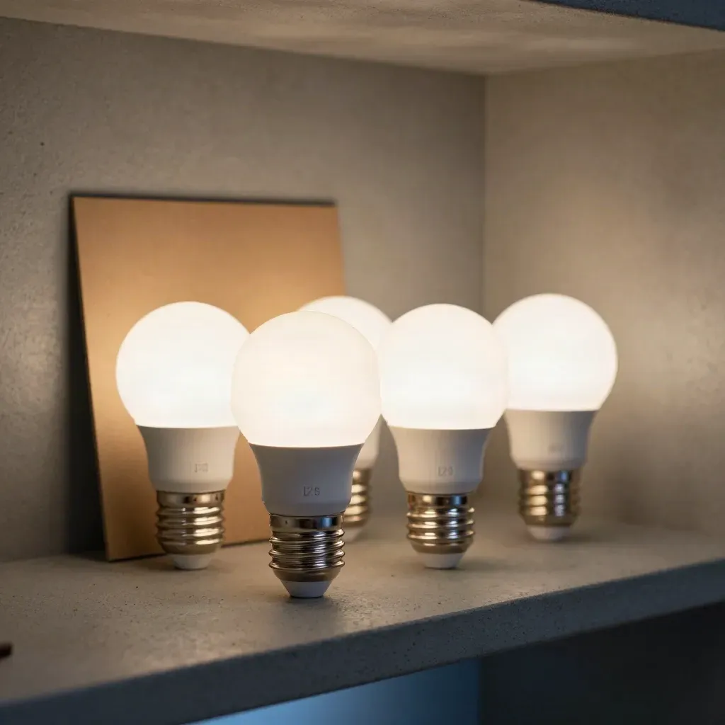 Quattro lampadine LED E27 in un ambiente moderno, una accesa con luce calda su fondo neutro.