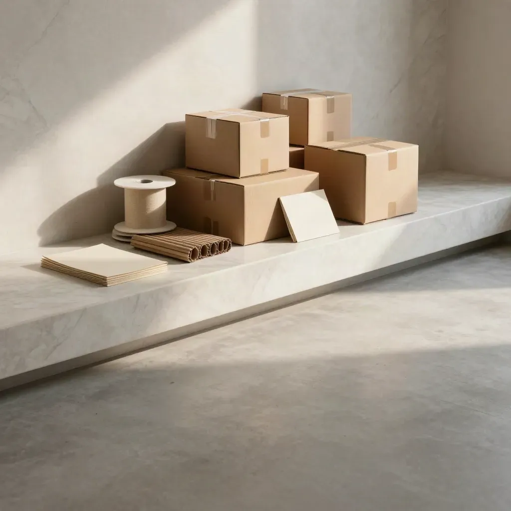 Scatole avana e bobine neutre in angolo showroom luminoso con marmo chiaro