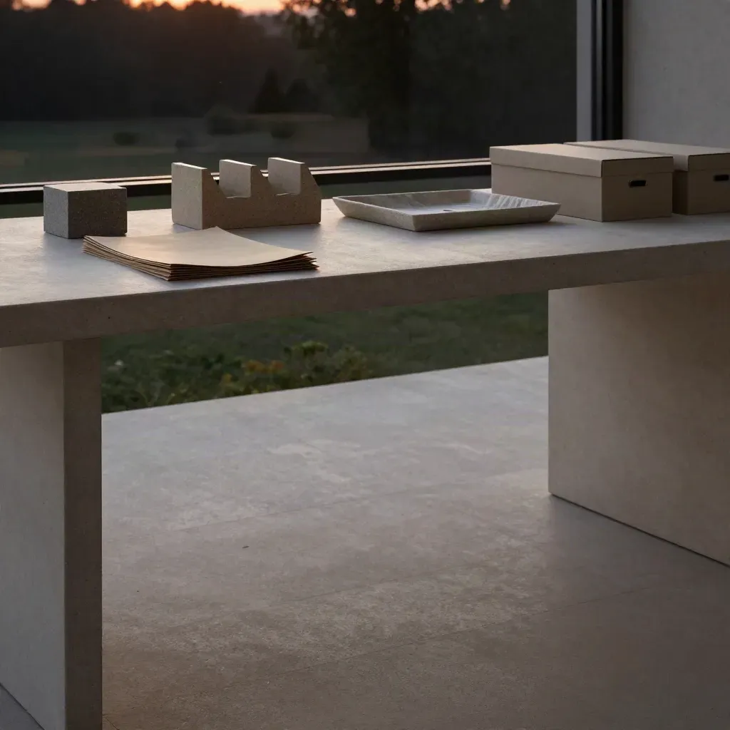Terrazza silenziosa con tavolo in cemento, organizer neutri e luce del tramonto alla finestra.